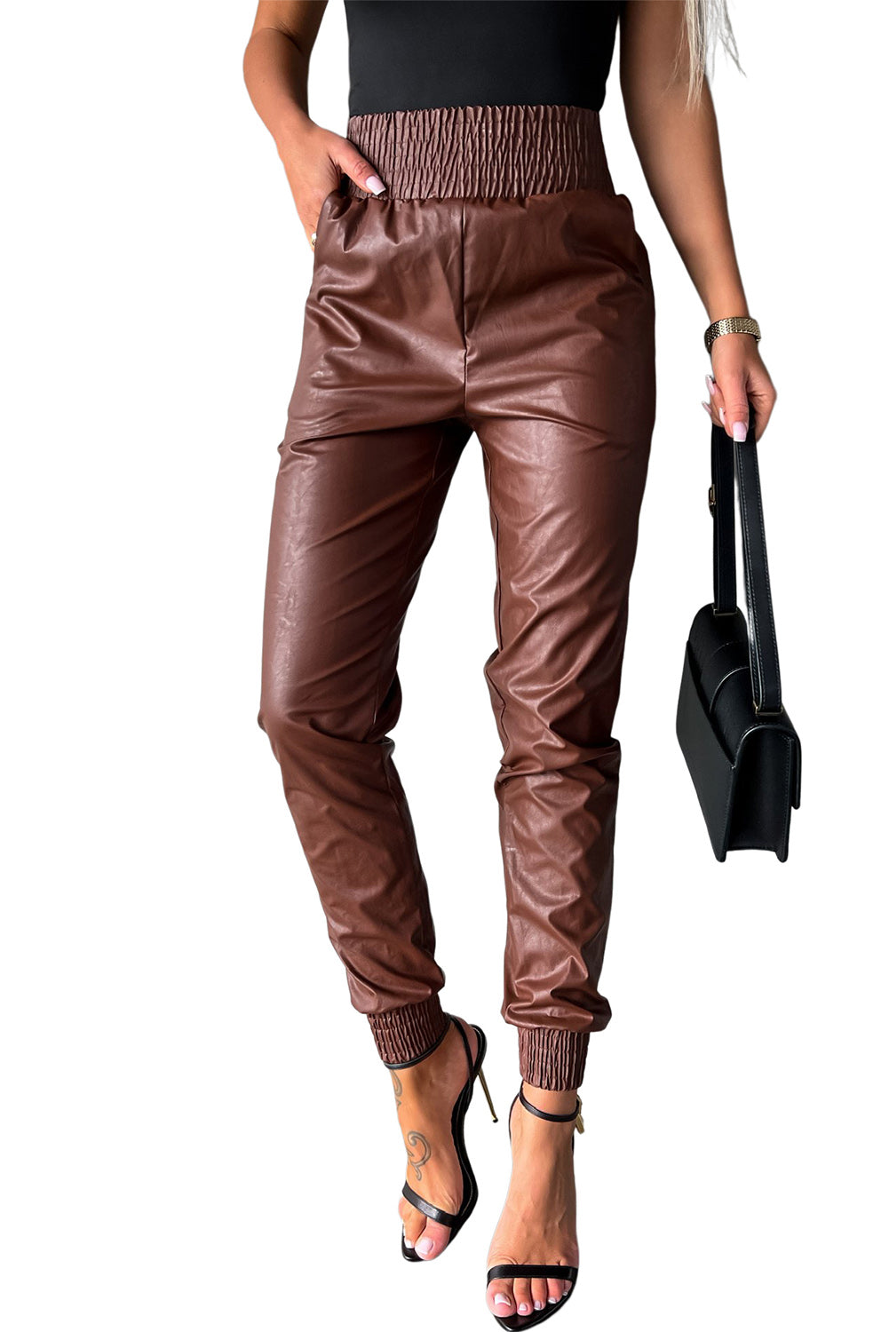 Smocked High Waist Leather Skinny Pants