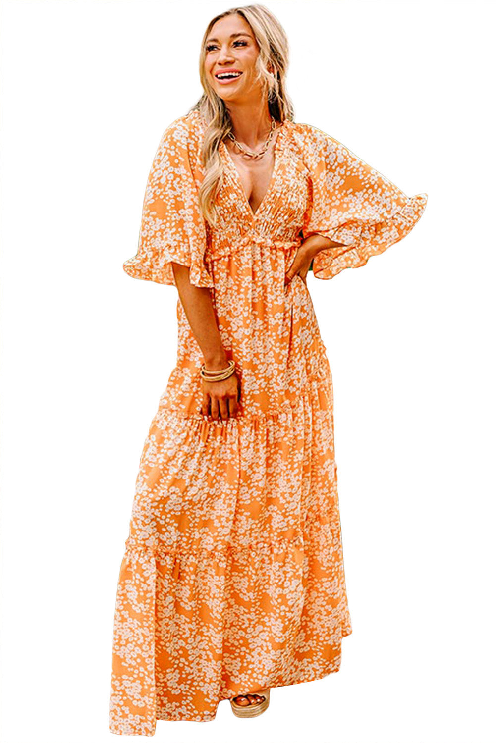 Orange Floral Print Smocked V Neck Bell Sleeve Maxi Dress