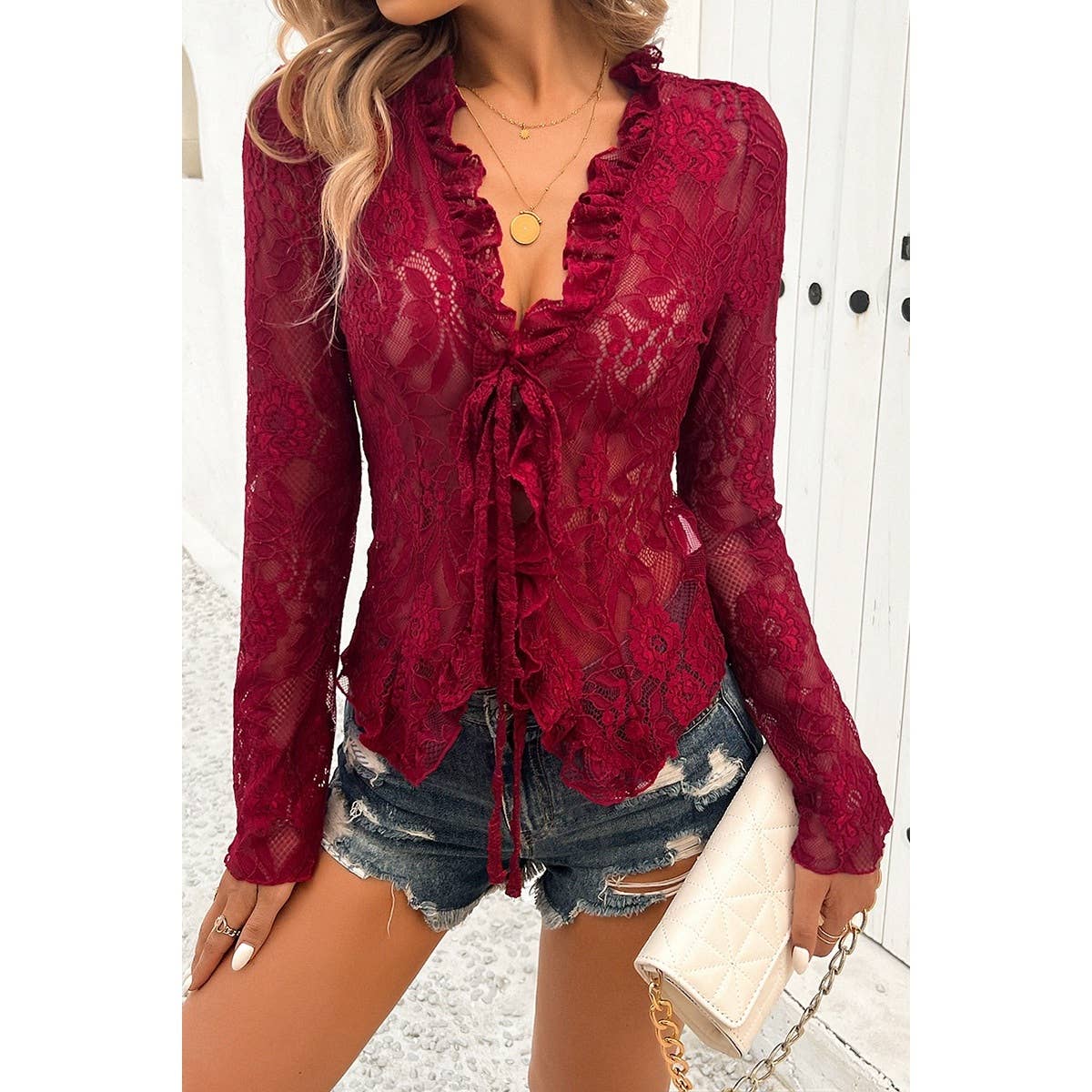 Hollow Out Lace Solid Knot Wrap Ruffle Hem Top