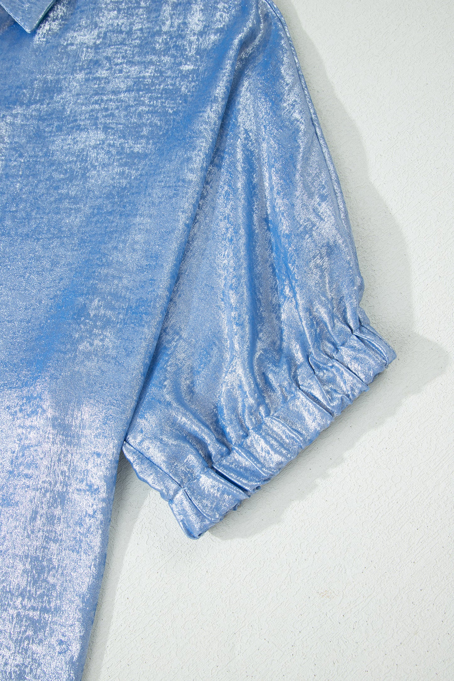 Clearly Aqua Collared V Neck Half Sleeve Metallic Top