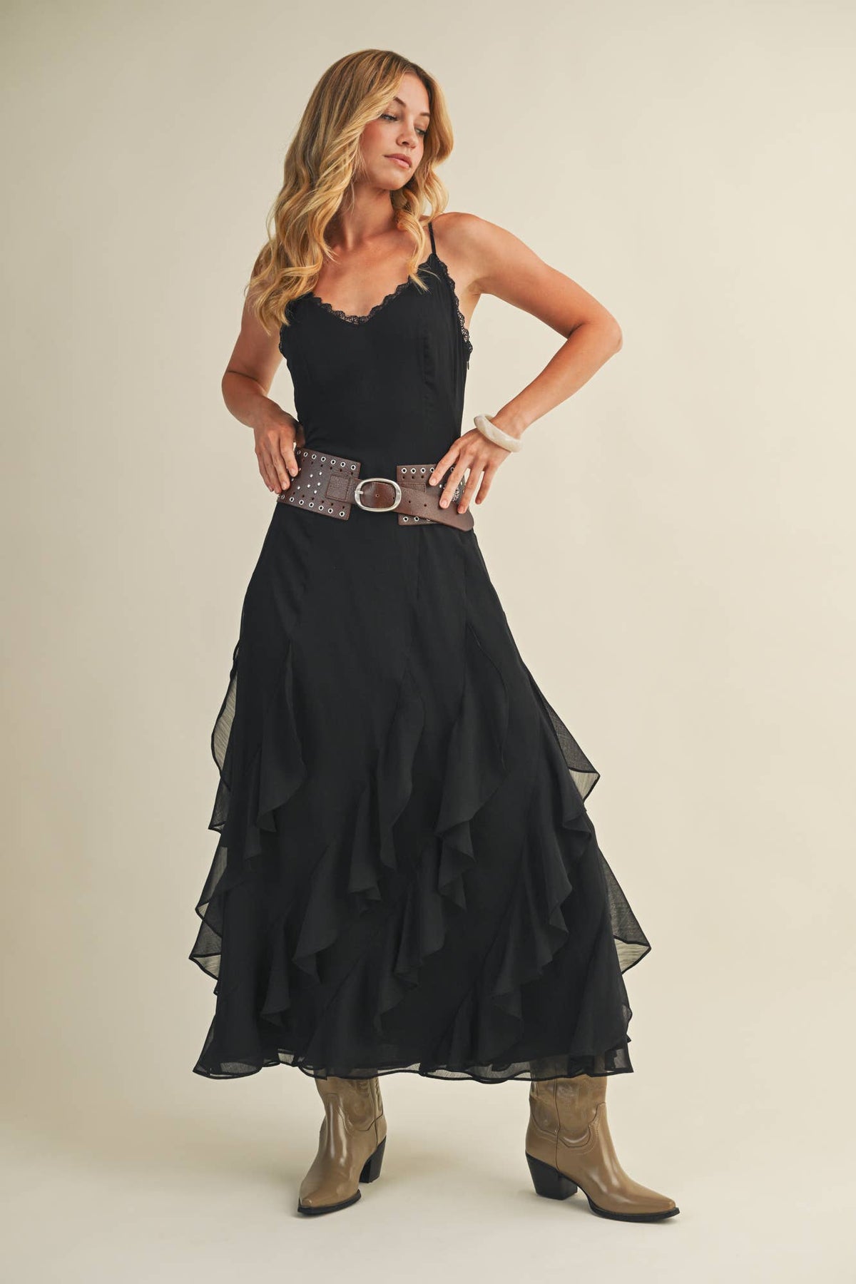 Lace V-Neck Cascading Ruffle Dress