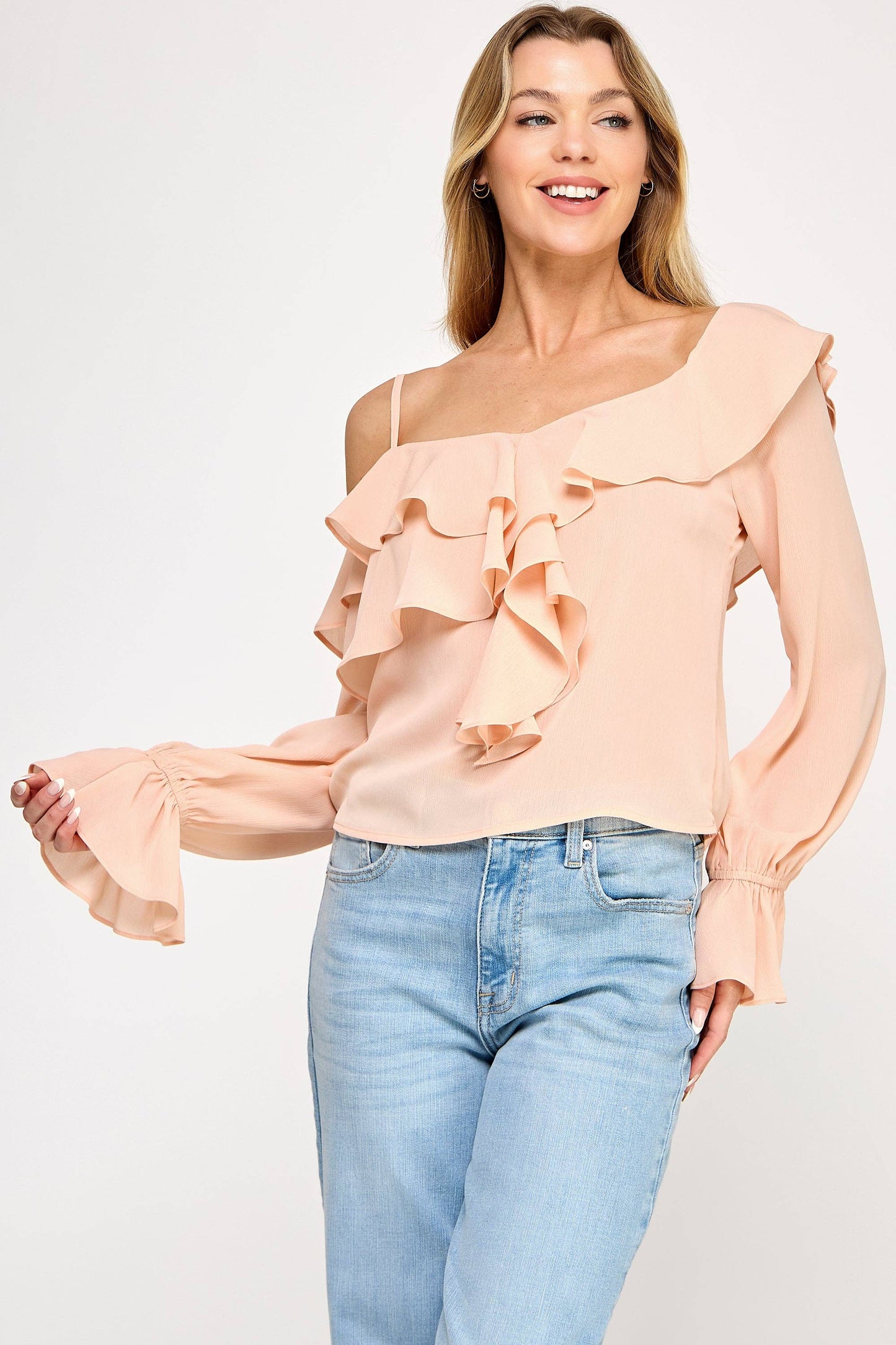 Ava Long Sleeve Top - Off Shoulder Ruffle Sheer
