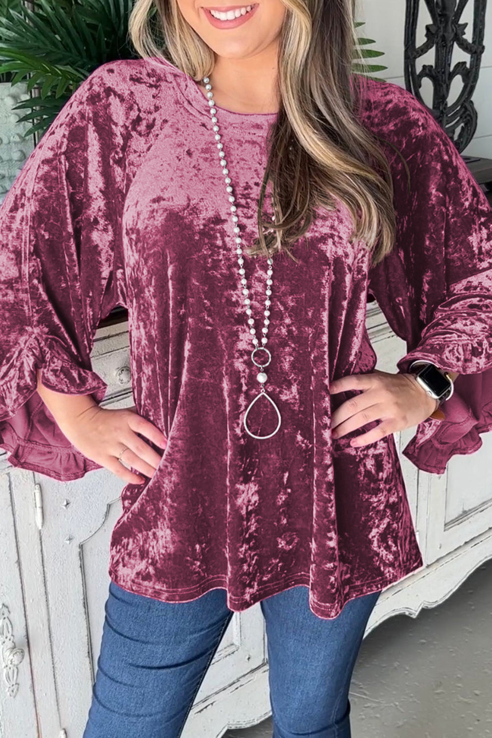 Ruffle Bell Sleeve Loose Velvet Blouse