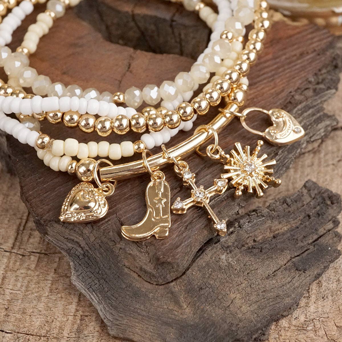 Charmed Whimsy – Set of 5 Mint & White Beaded Bracelets with Golden Charm Bar