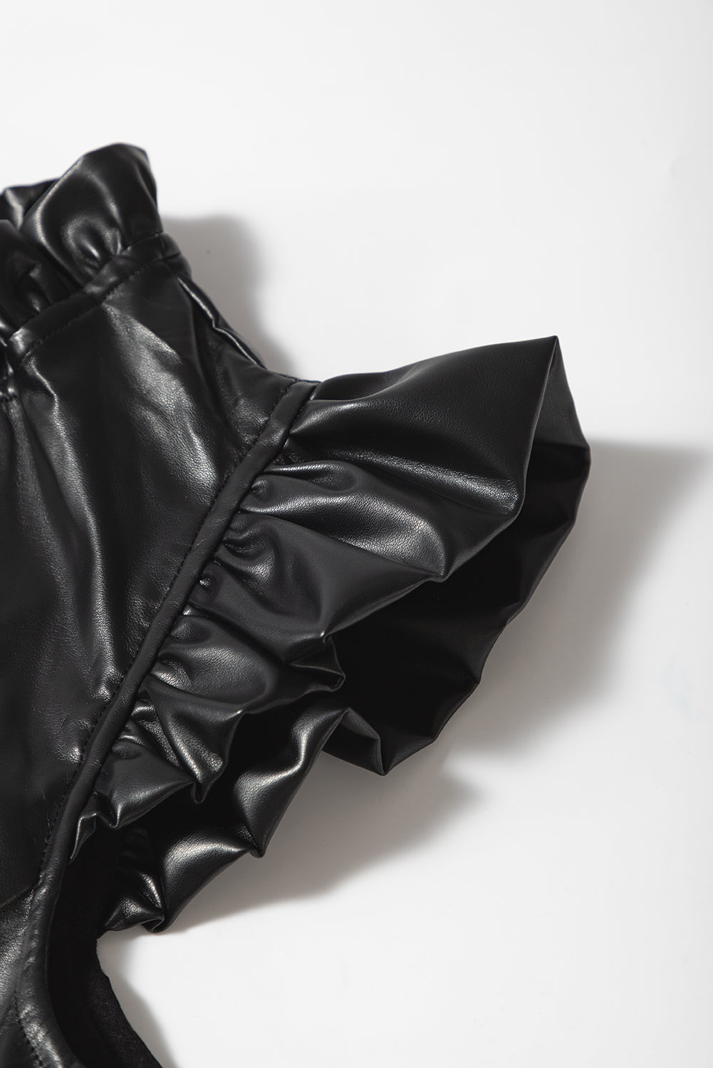 Solid Color Leather Frill Neck Ruffle Blouse