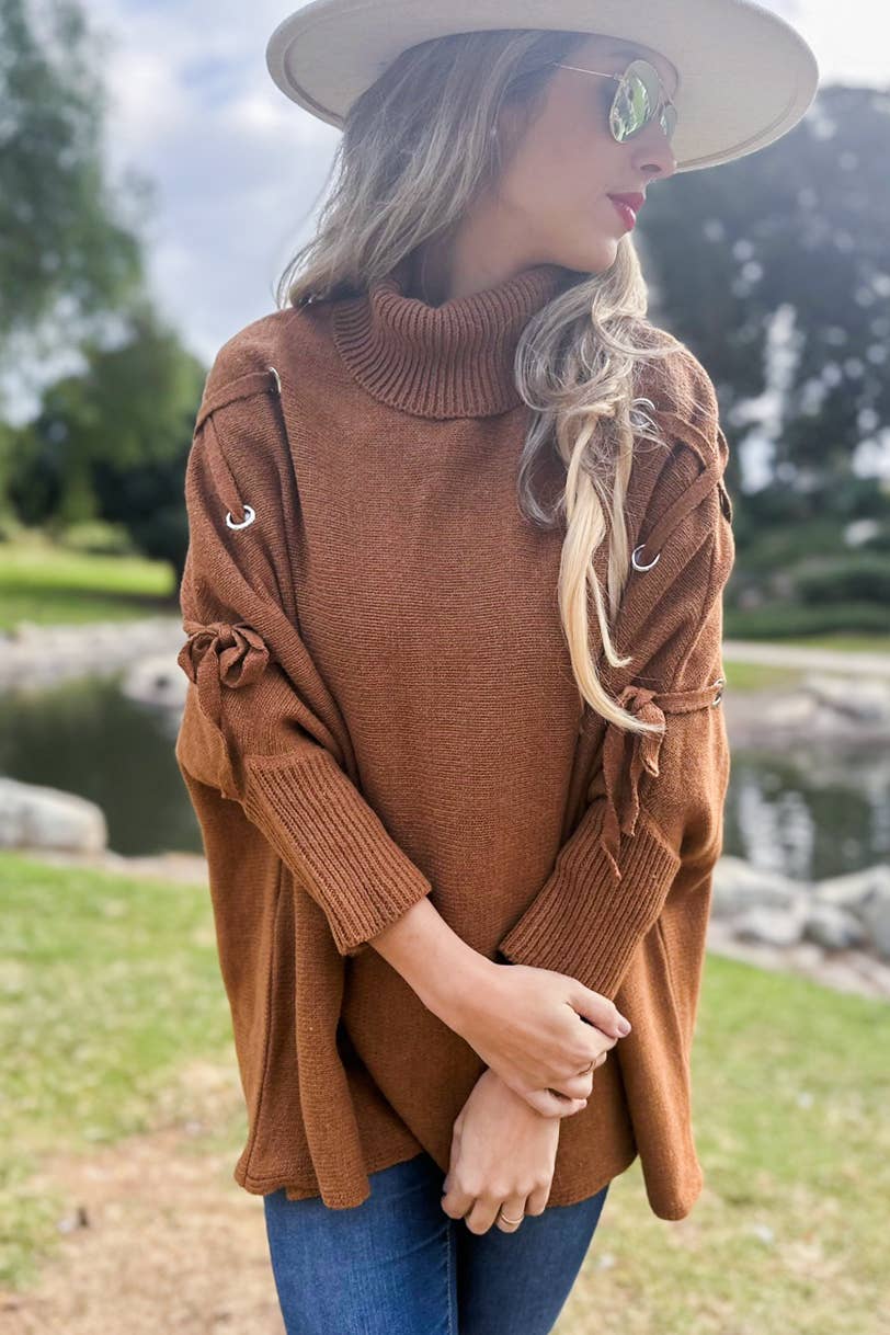 Cognac Lace-Up Sleeve Turtleneck Knitted Poncho Top