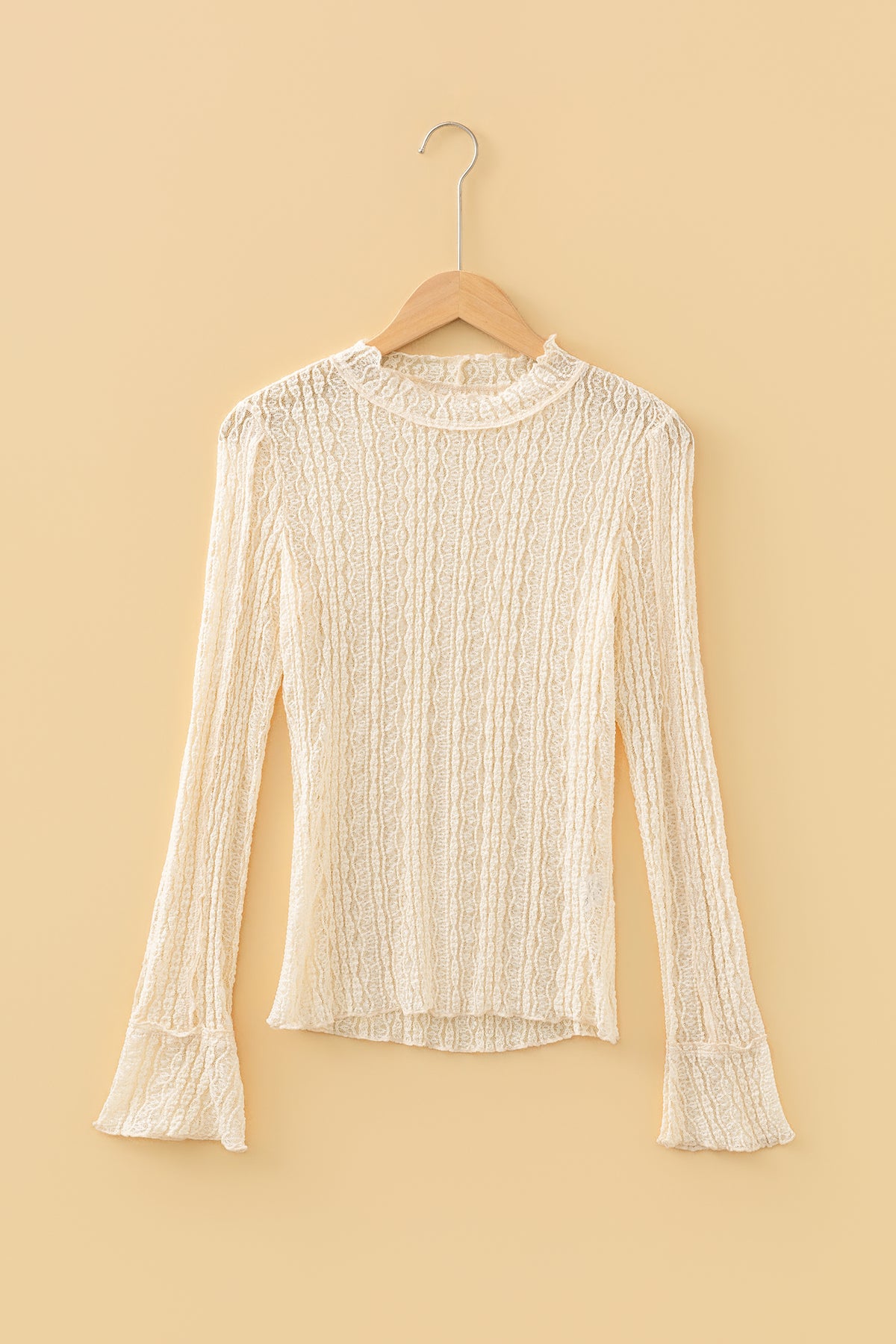 Apricot Flounced Long Sleeve Mock Neck Sheer Lace Top