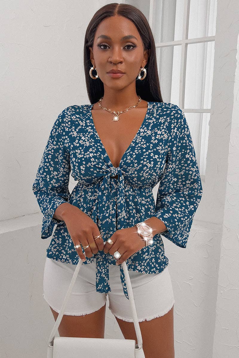 Floral Deep V Neck Long Sleeve Waist Tie Blouse