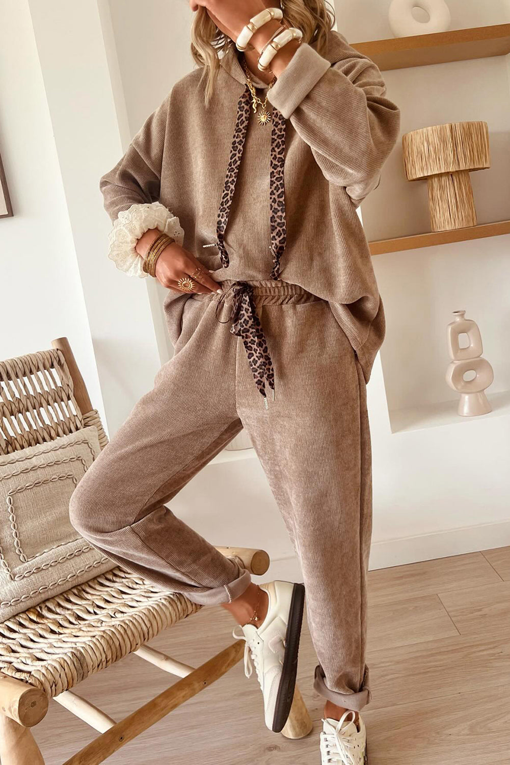 Smoke Gray Drawstring Pullover Hoodie and High Waist Pants Corduroy Suit