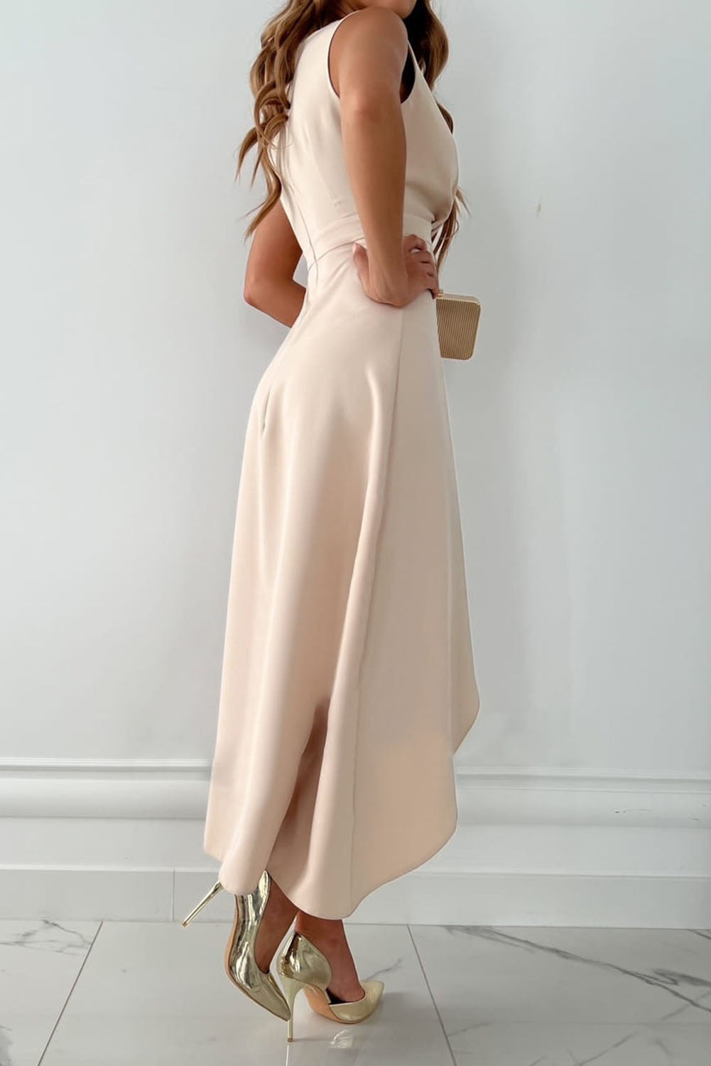 Apricot V Neck Elegant Slit Midi Dress