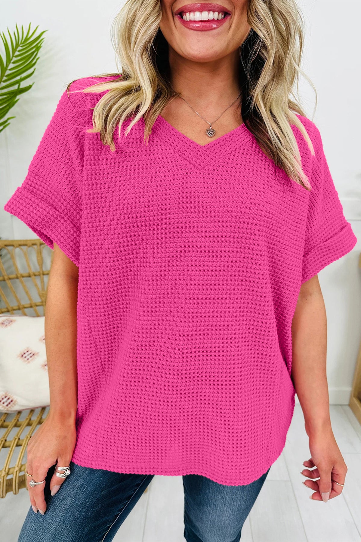 Grapefruit Orange Waffle V Neck Short Sleeve Knit Top
