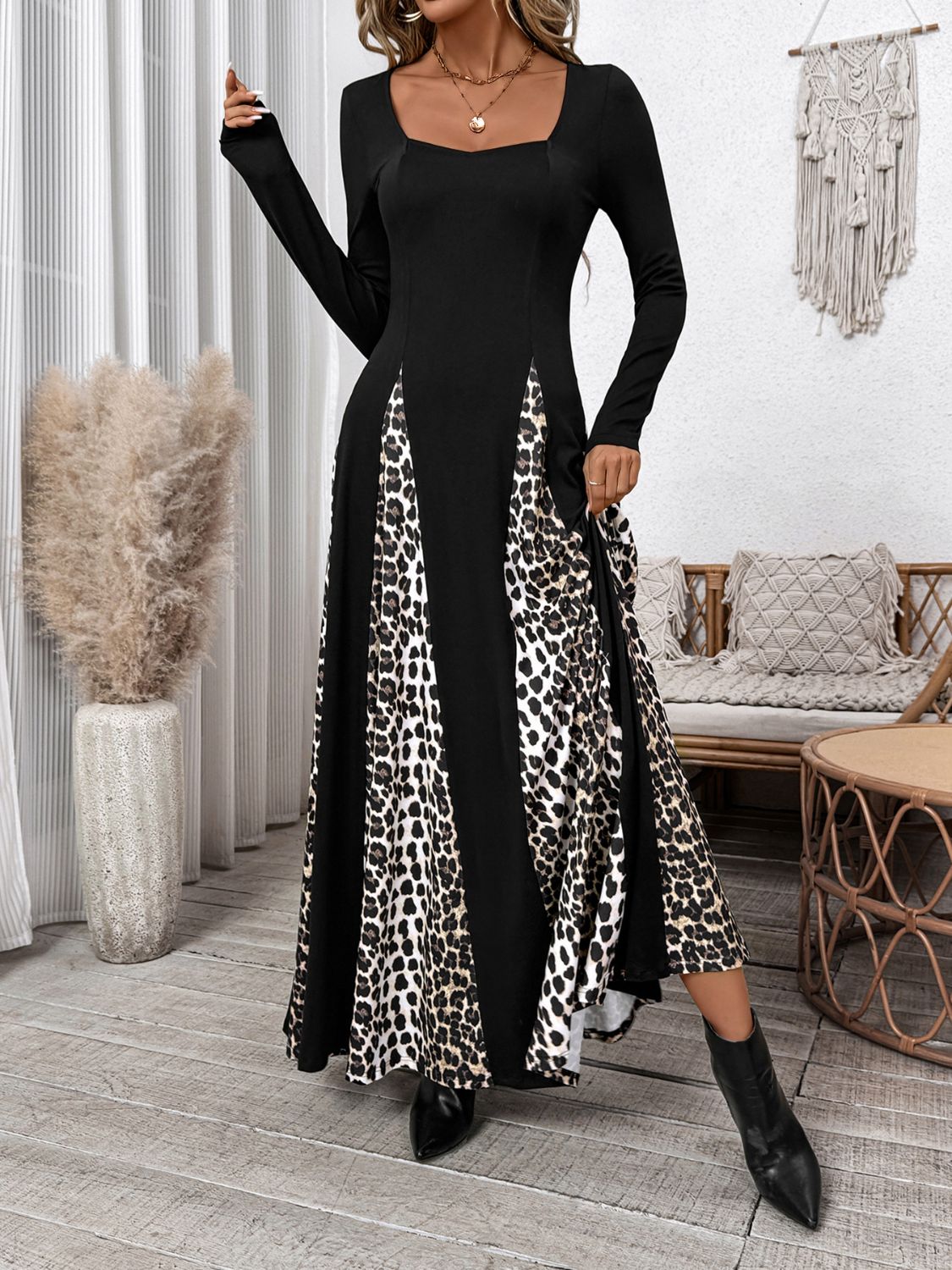 Square Neck Long Sleeve Maxi Dress