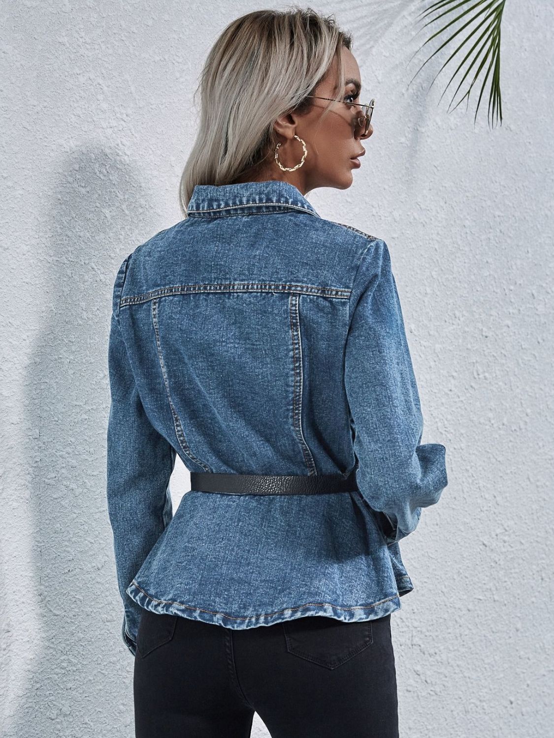 Collared Neck Long Sleeve Denim Top