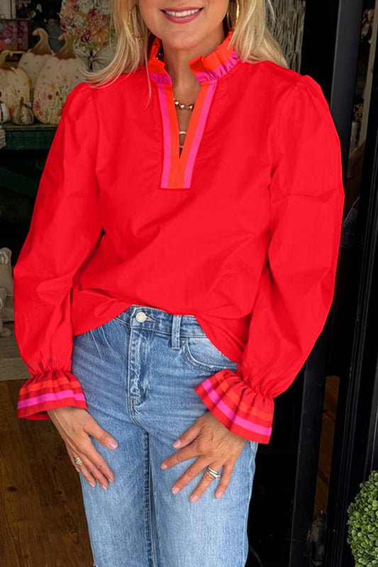 **Pre Order** Fiery Red Striped Trim Ruffle Split Neck Long Sleeve Blouse