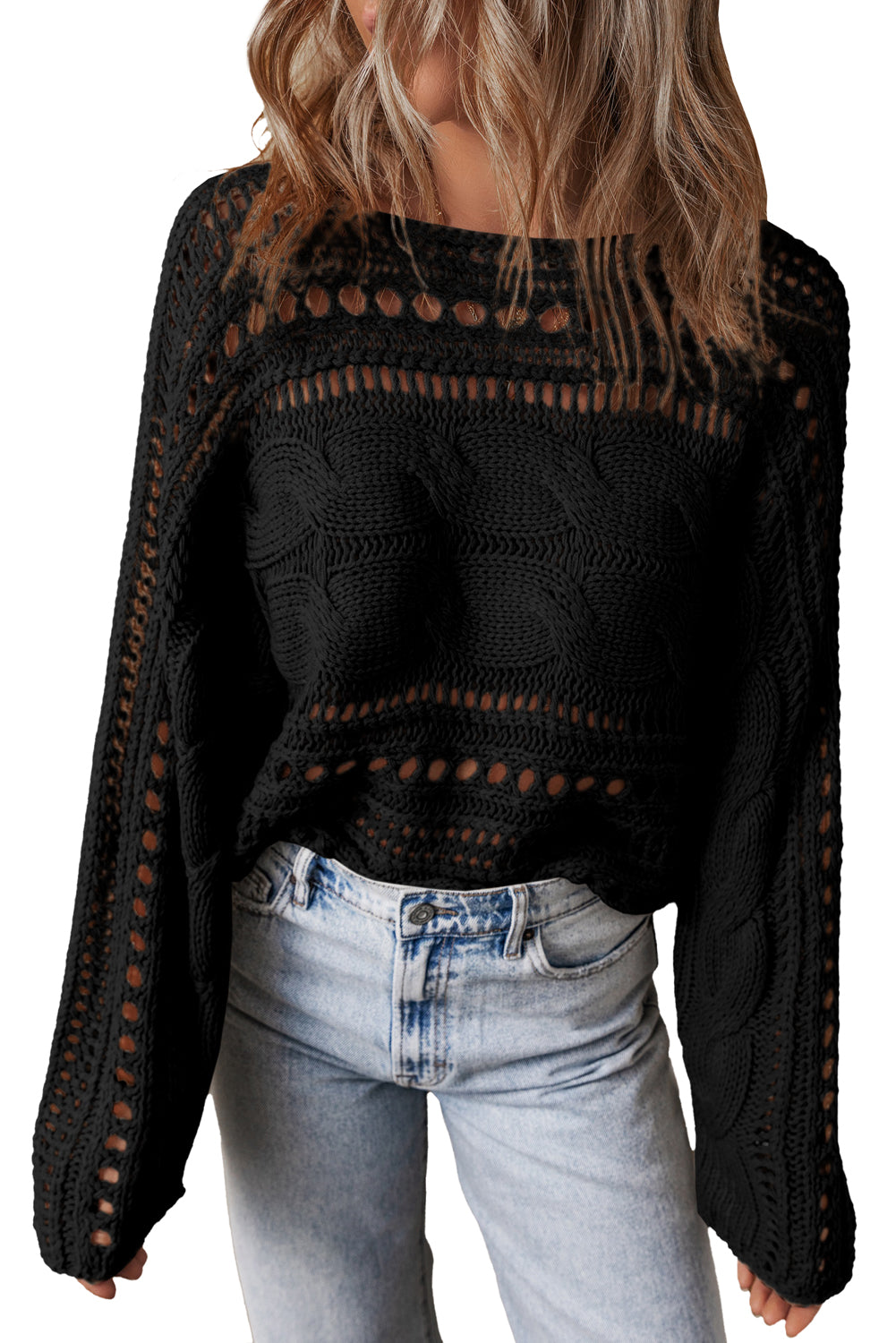 Hollow Out Cable Knit Cropped Sweater