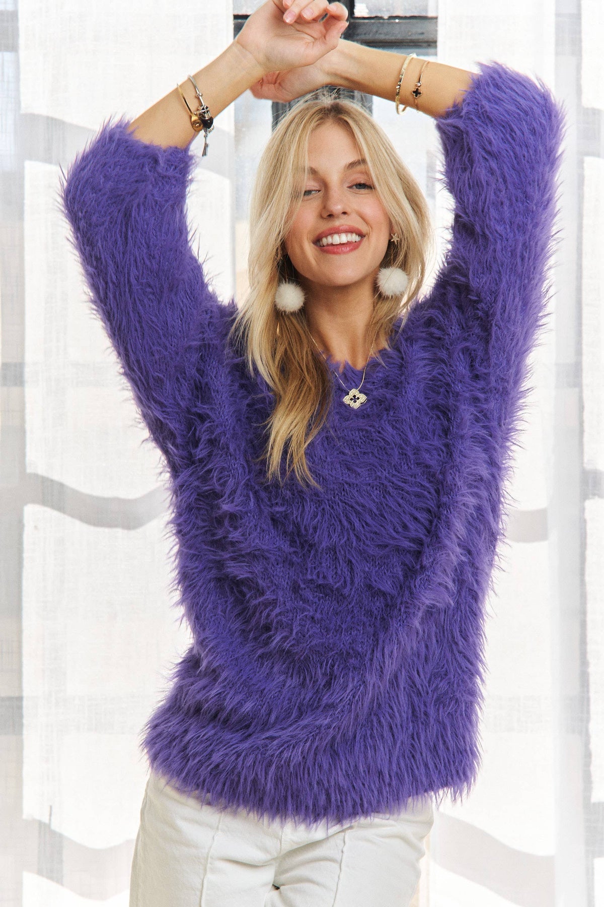 CESW3448A - BOAT NECK SOFT FUZZY SWEATER TOP