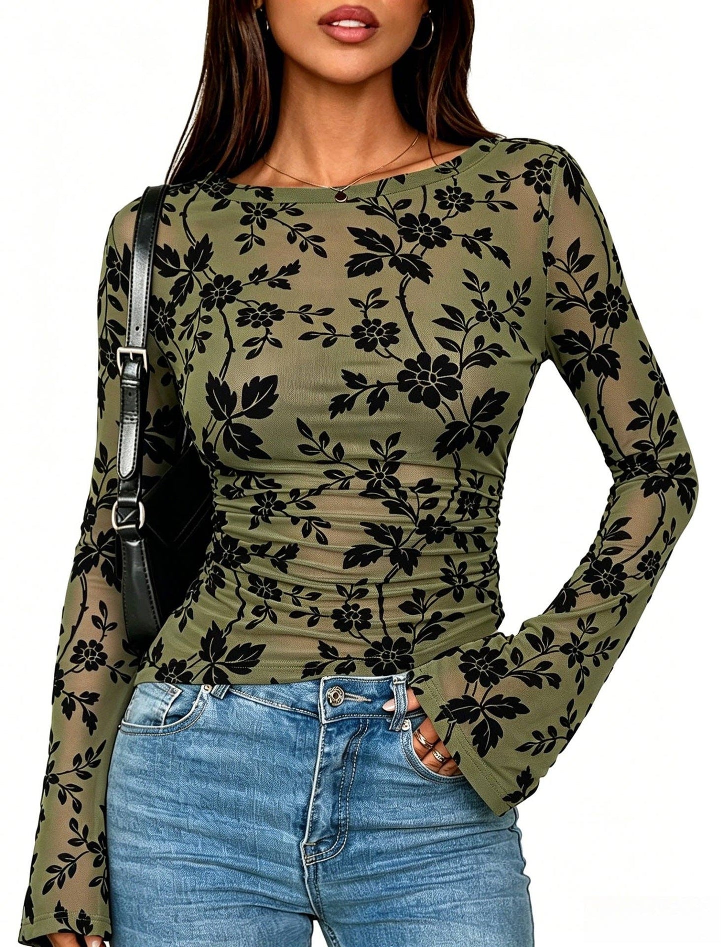 Floral Mesh Top Boutique Bell Sleeve Ruched Fitted Blouse