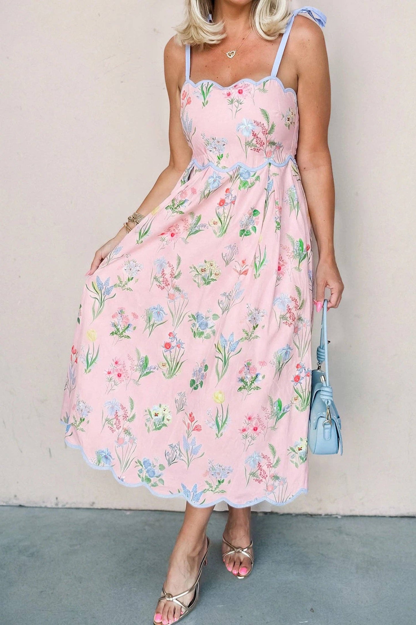 Beige Floral Print Contrast Trim Self-tie Straps Midi Dress