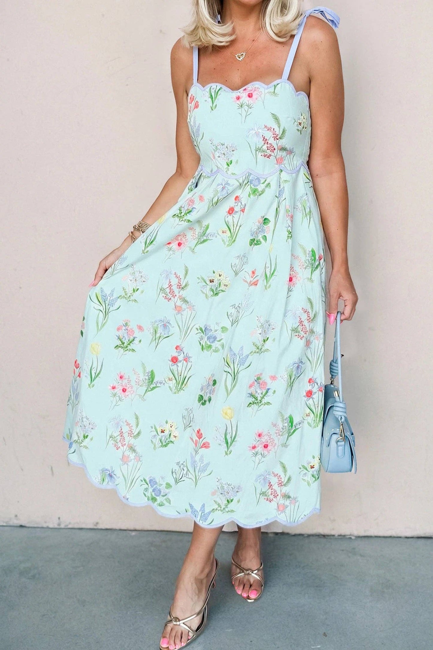 Beige Floral Print Contrast Trim Self-tie Straps Midi Dress