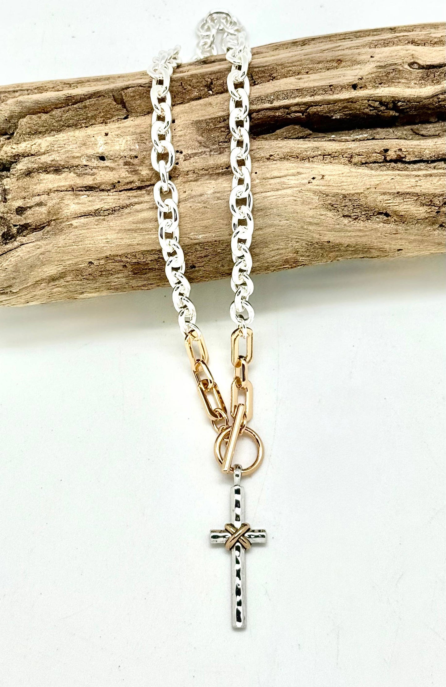 Necklace AlloyPlated Lg.Multi Metal Cross w/Gold Toggle 18”