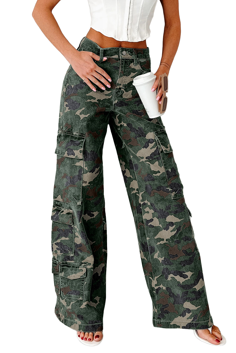 Green Camo Multi Pocket Cargo Wide Leg Jeans