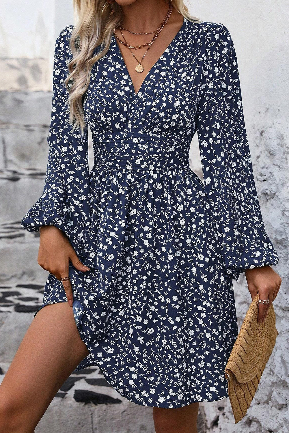 Blue Floral Print V Neck Long Sleeve Mini Dress