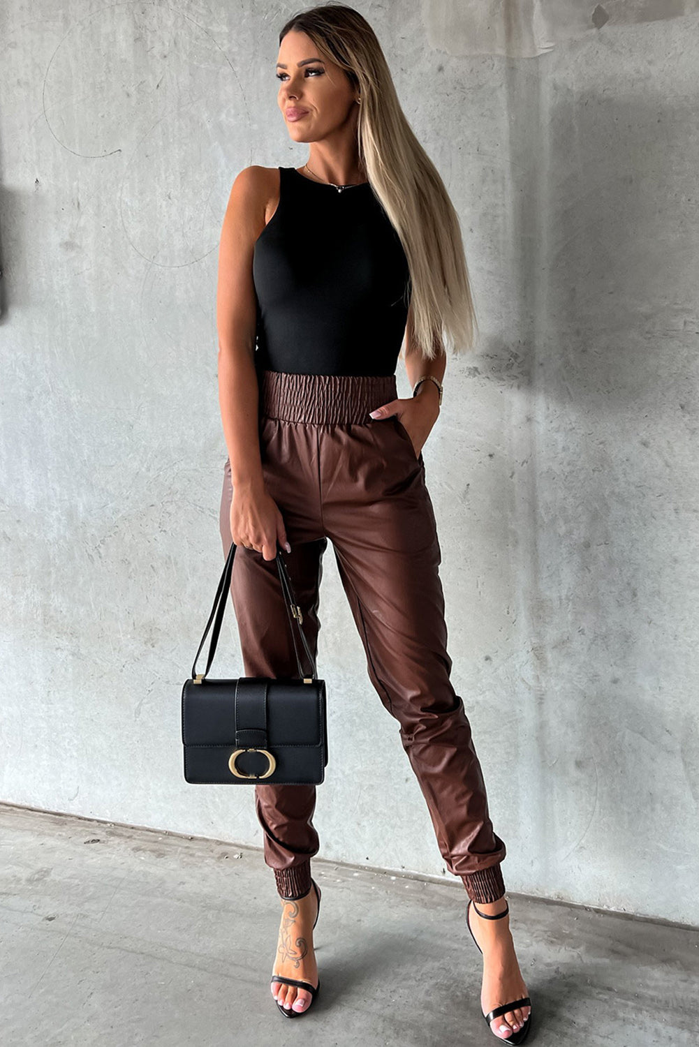 Smocked High Waist Leather Skinny Pants