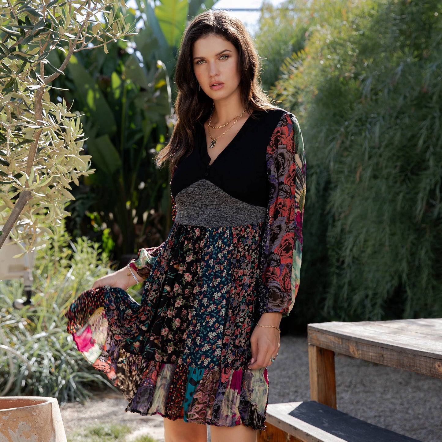 Boho Babydoll Sweater Dress in Knit & Rayon Fusion