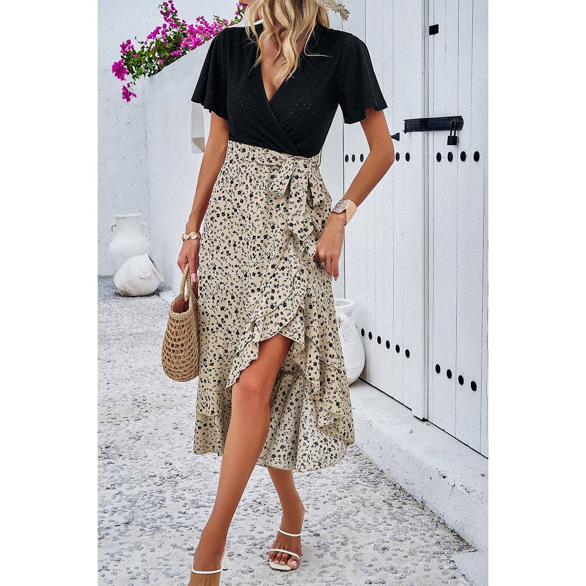 Lace V Neck Belt Print Dress