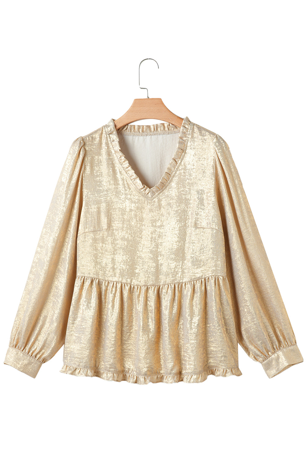 Gold Metallic Velvet Frill V Neck Puff Sleeve Babydoll Blouse