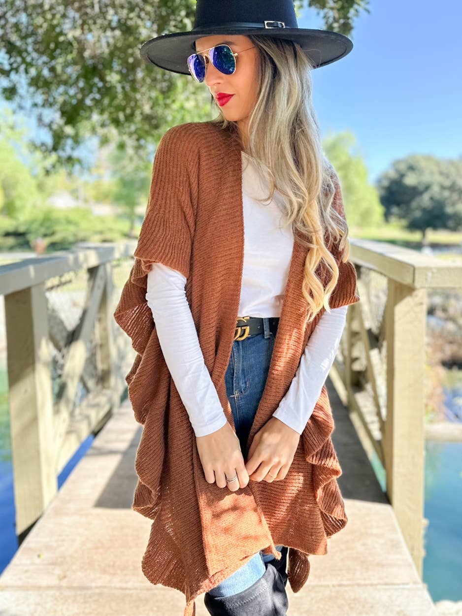 Soft Brown Ruffle Detail Open Front Lightweight Ruana Shawl