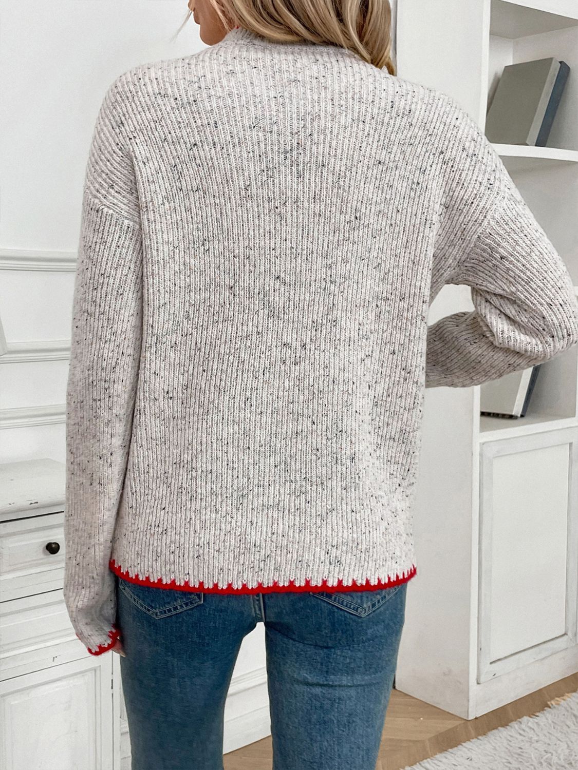 Light Gray Heart Round Neck Long Sleeve Sweater