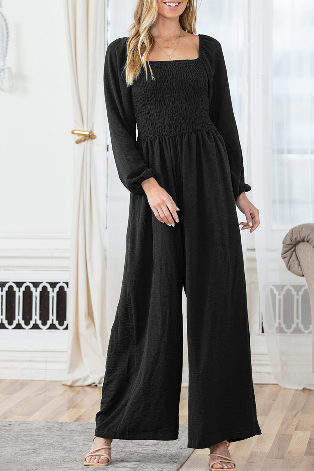 Smocked Square Neck Long Sleeve Wide Leg Jumpsuit