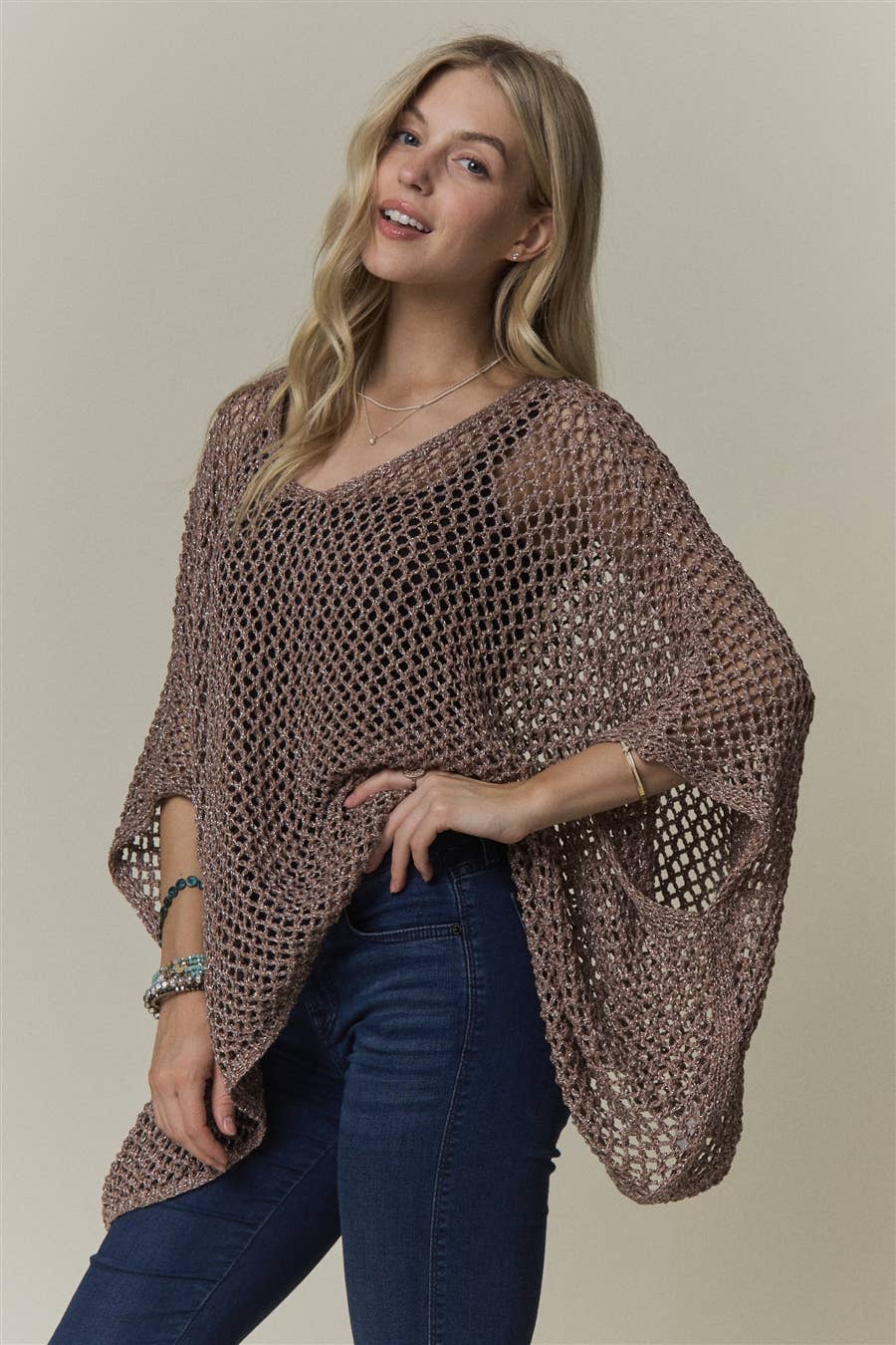 OPEN-KNIT PONCHO SWEATER TOP- CESW4486