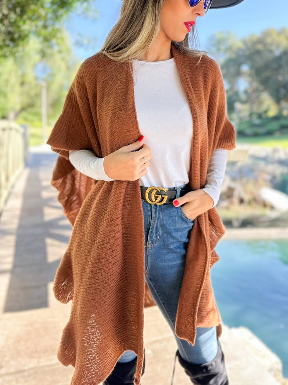 Soft Brown Ruffle Detail Open Front Lightweight Ruana Shawl