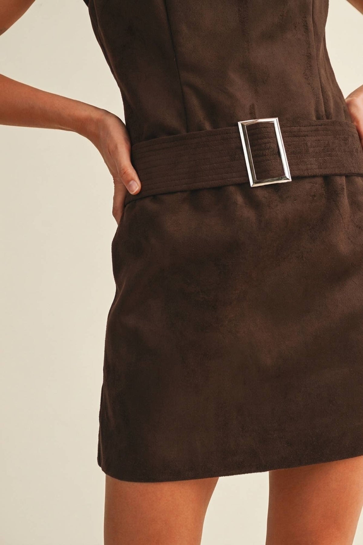 Belted Suede Mock Neck Dress