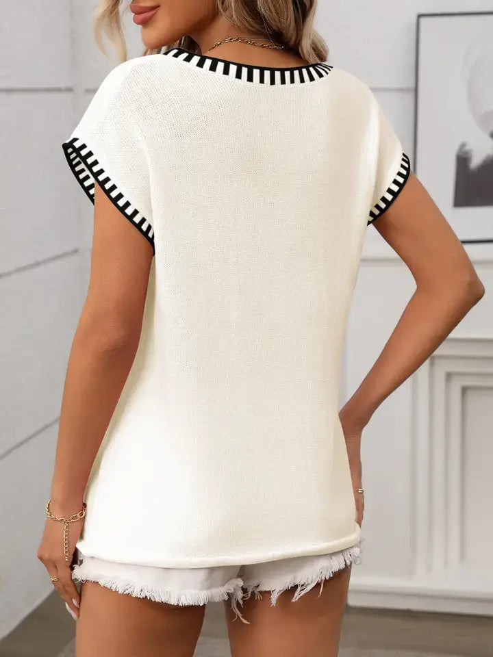 V Neck Cape Sleeve Knit Top Lightweight Summer Sweater