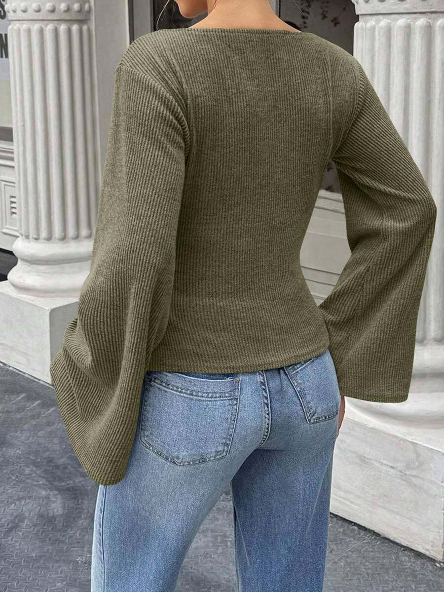 Slim Fit Bell Sleeve Ribbed Knit Top Casual Chic Women's Wear