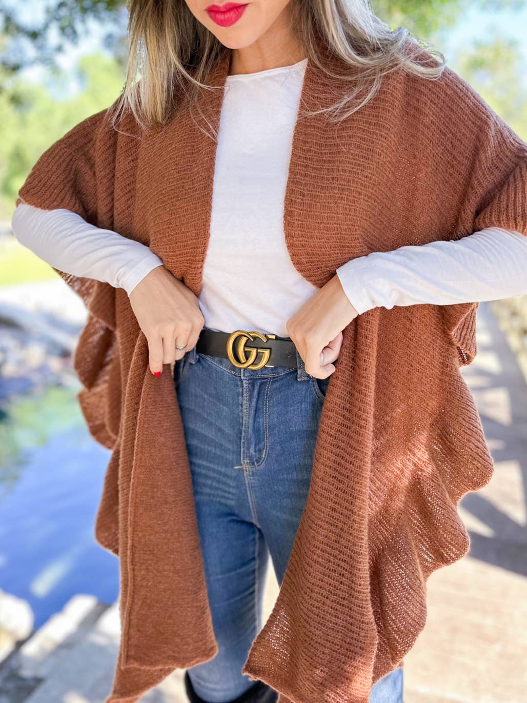 Soft Brown Ruffle Detail Open Front Lightweight Ruana Shawl