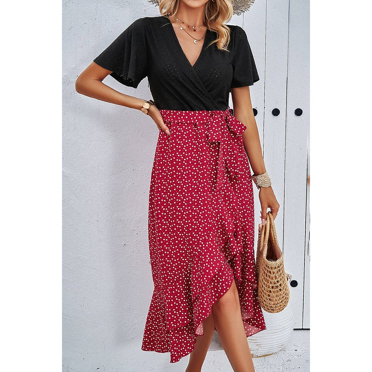 Lace V Neck Belt Print Dress