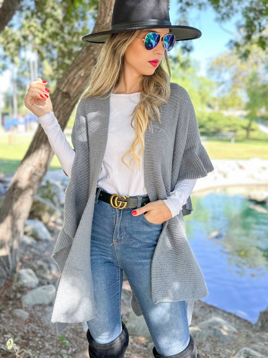 Soft Grey Ruffle Detail Open Front Lightweight Ruana Shawl