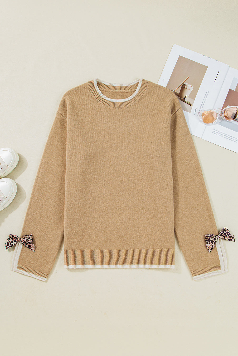 Tan Leopard Bow Decor Split Cuffs Contrast Trim Sweater