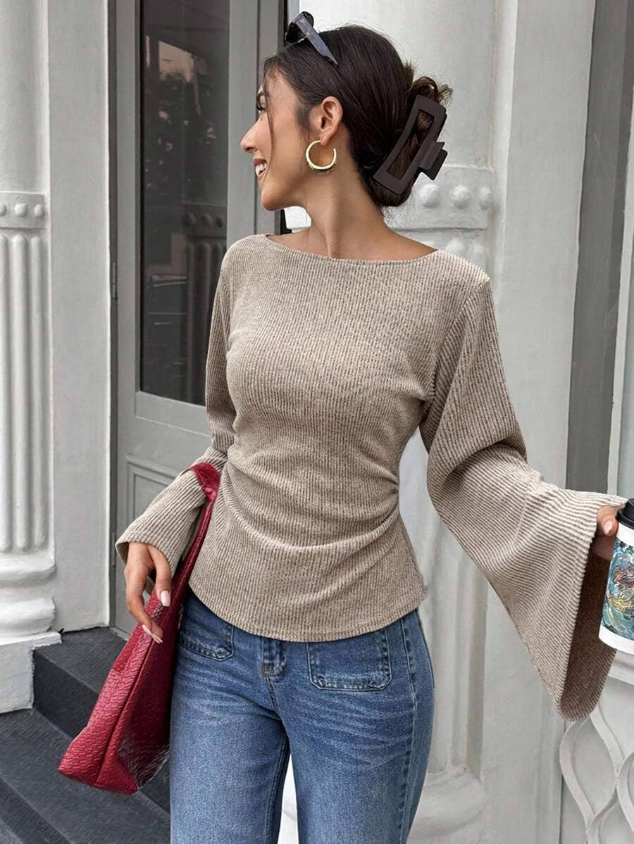 Slim Fit Bell Sleeve Ribbed Knit Top Casual Chic Women's Wear