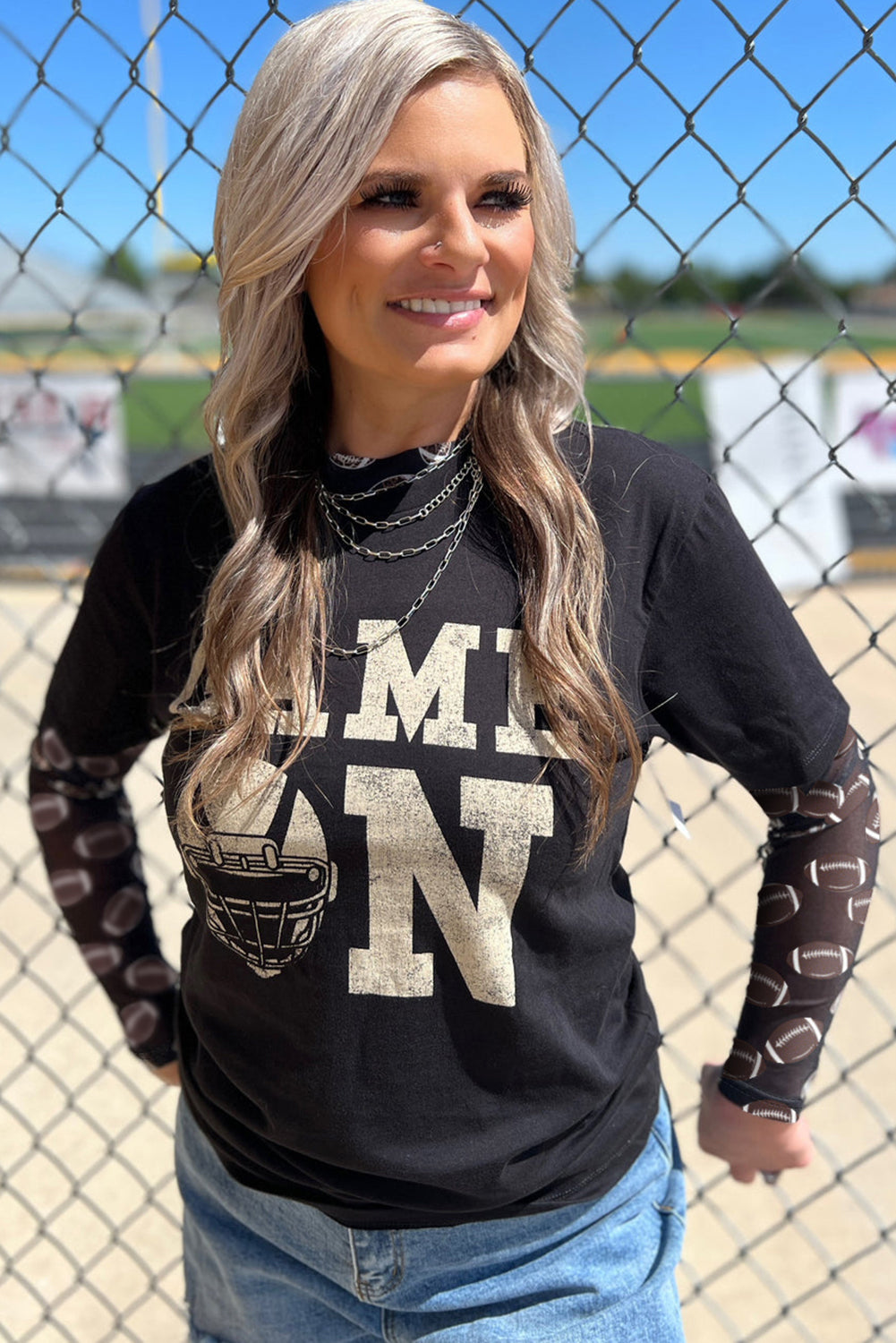 Brown Game Day Football Mesh Sheer Long Sleeve Top