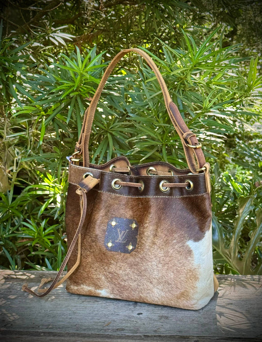 Upcycled LV Cowhide Leather Bucket Crossbody Shoulder Bag