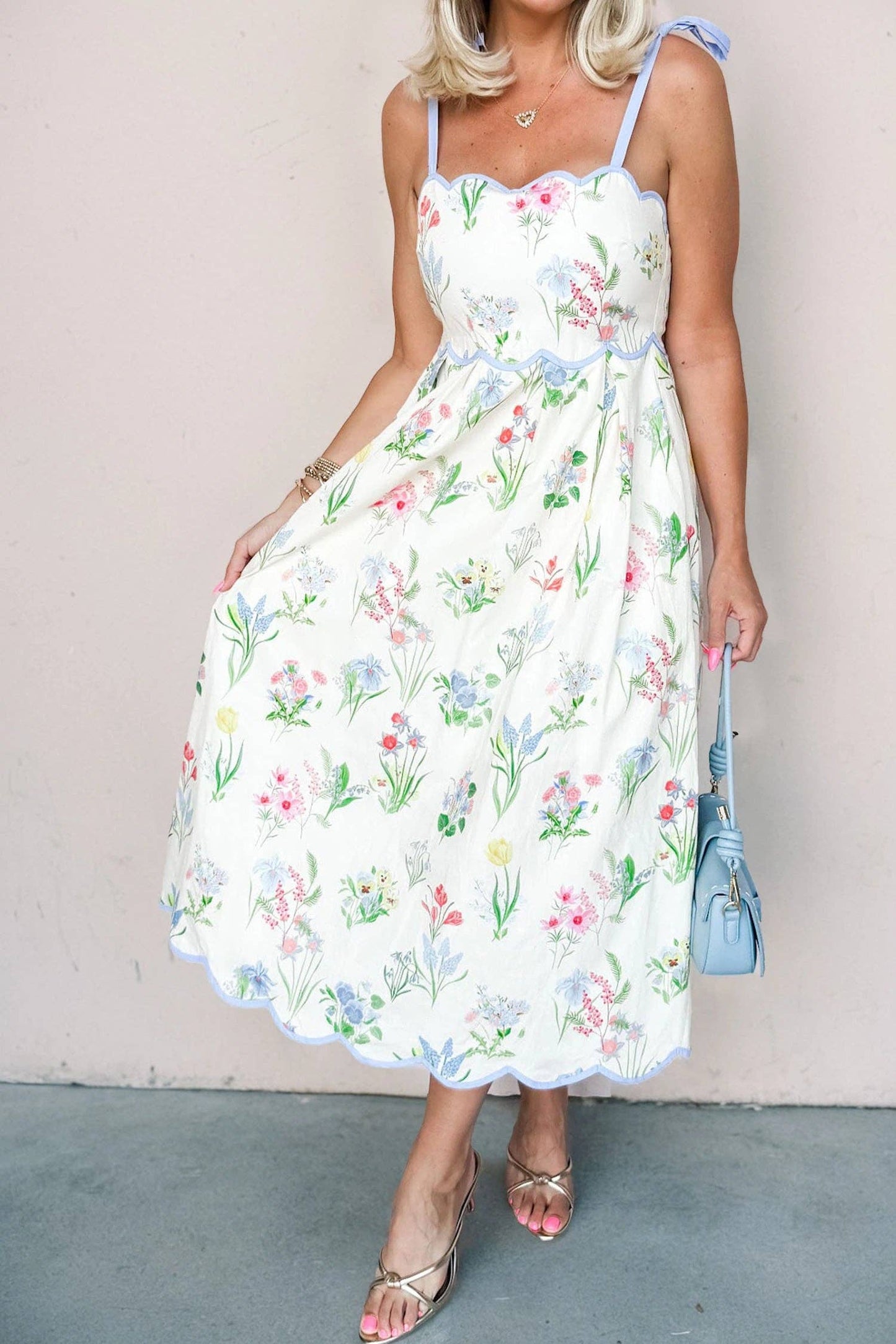 Beige Floral Print Contrast Trim Self-tie Straps Midi Dress