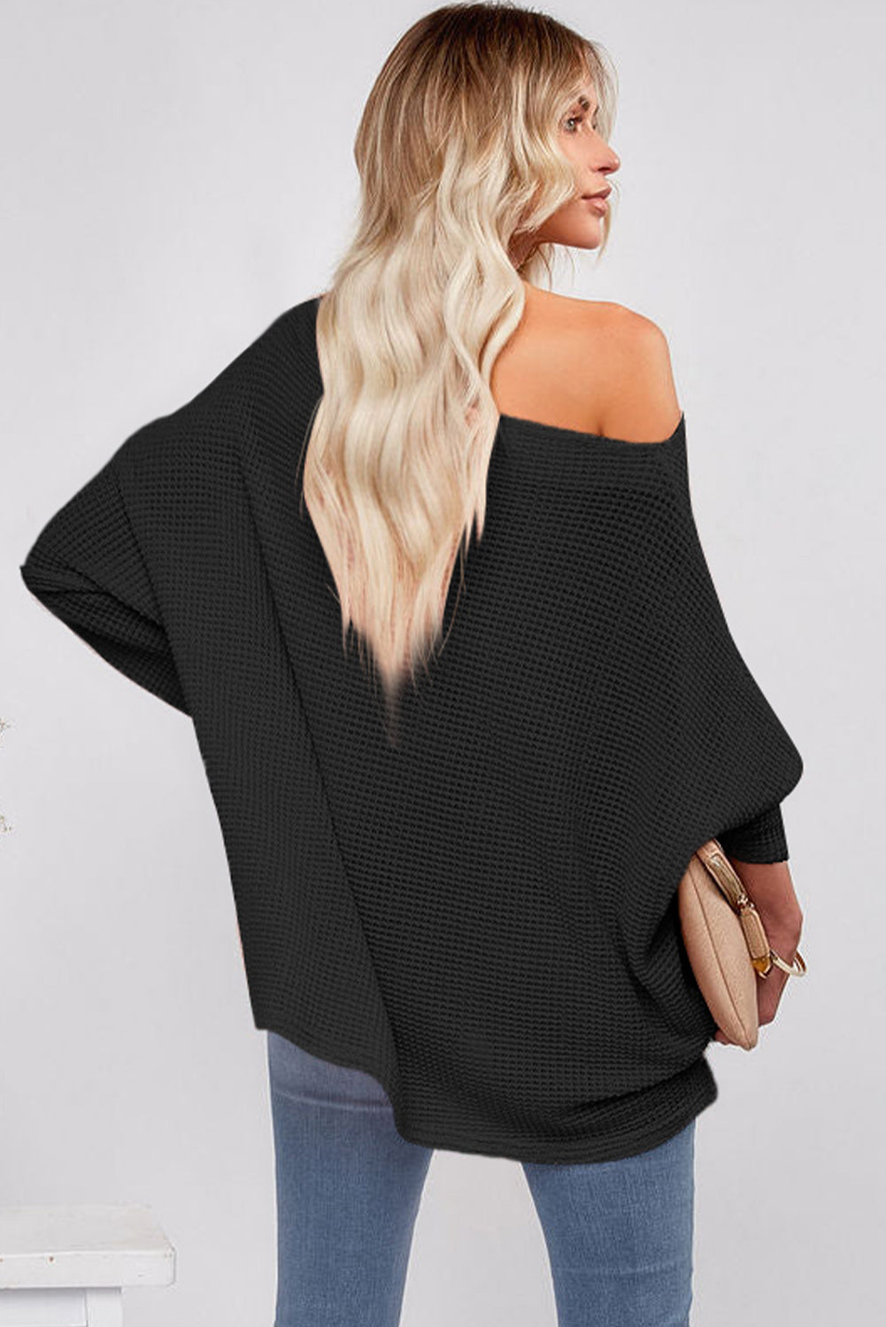 Black Waffle One Shoulder Long Sleeve Knit Top