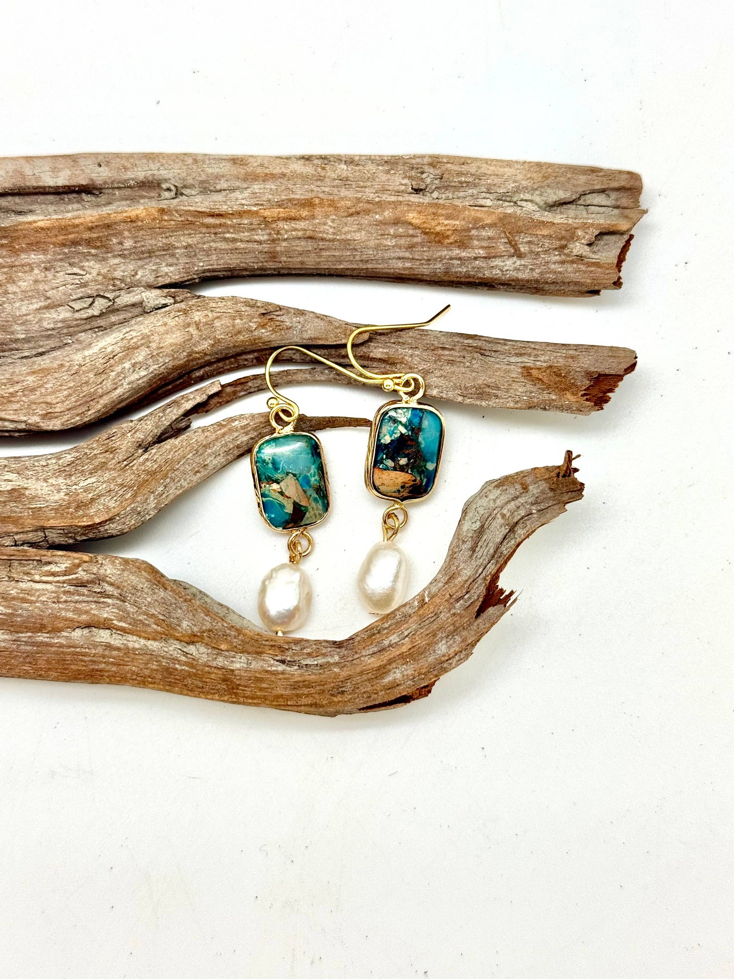 Earring Imperial JasperStone w/FreshwaterPearl Drop Gld Hook