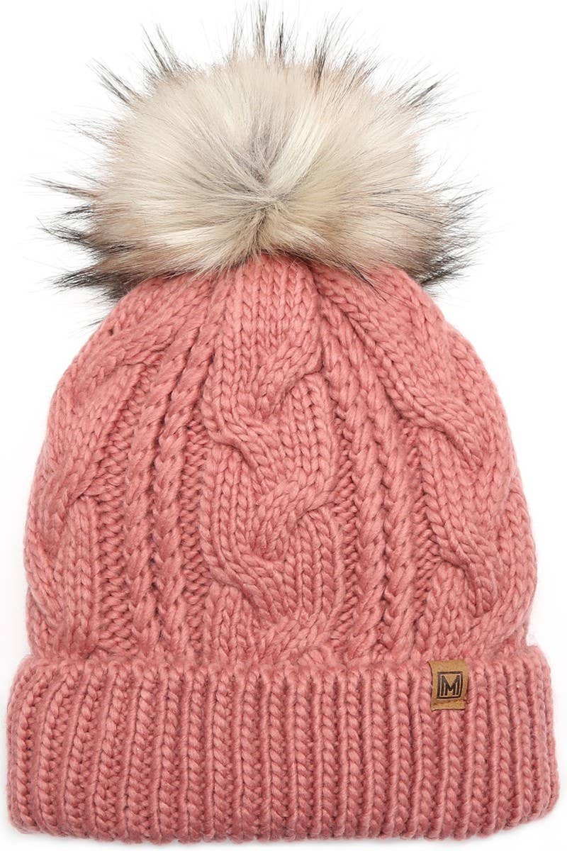 Women's Faux Fur Pom Beanie Hat with Sherpa Lining