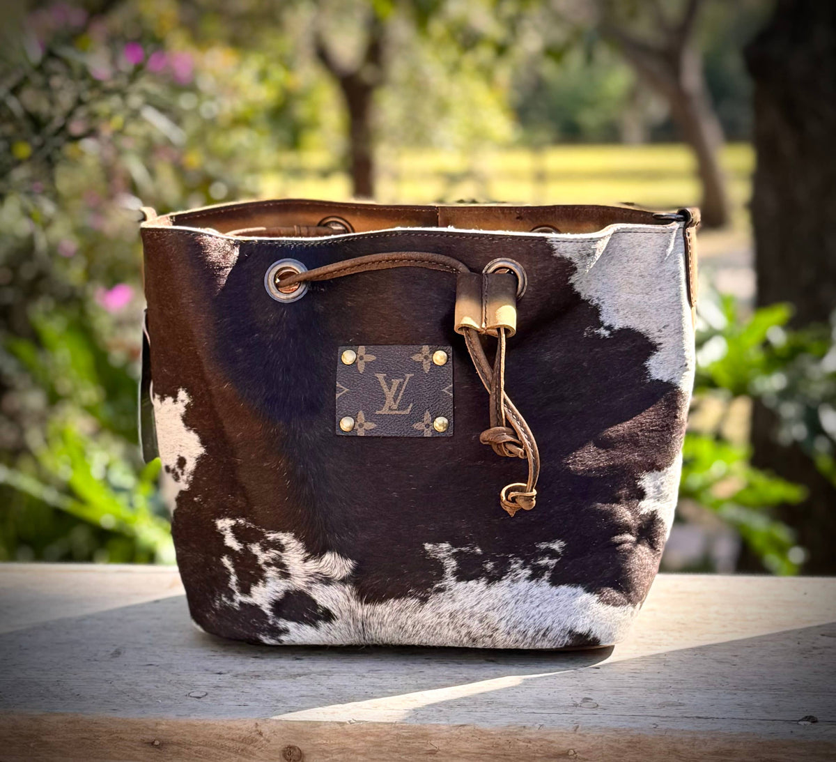 Upcycled LV Cowhide Leather Bucket Crossbody Shoulder Bag